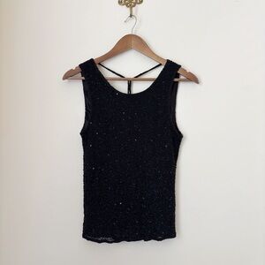 Scala Vintage Black Beaded Silk Tank Top Large